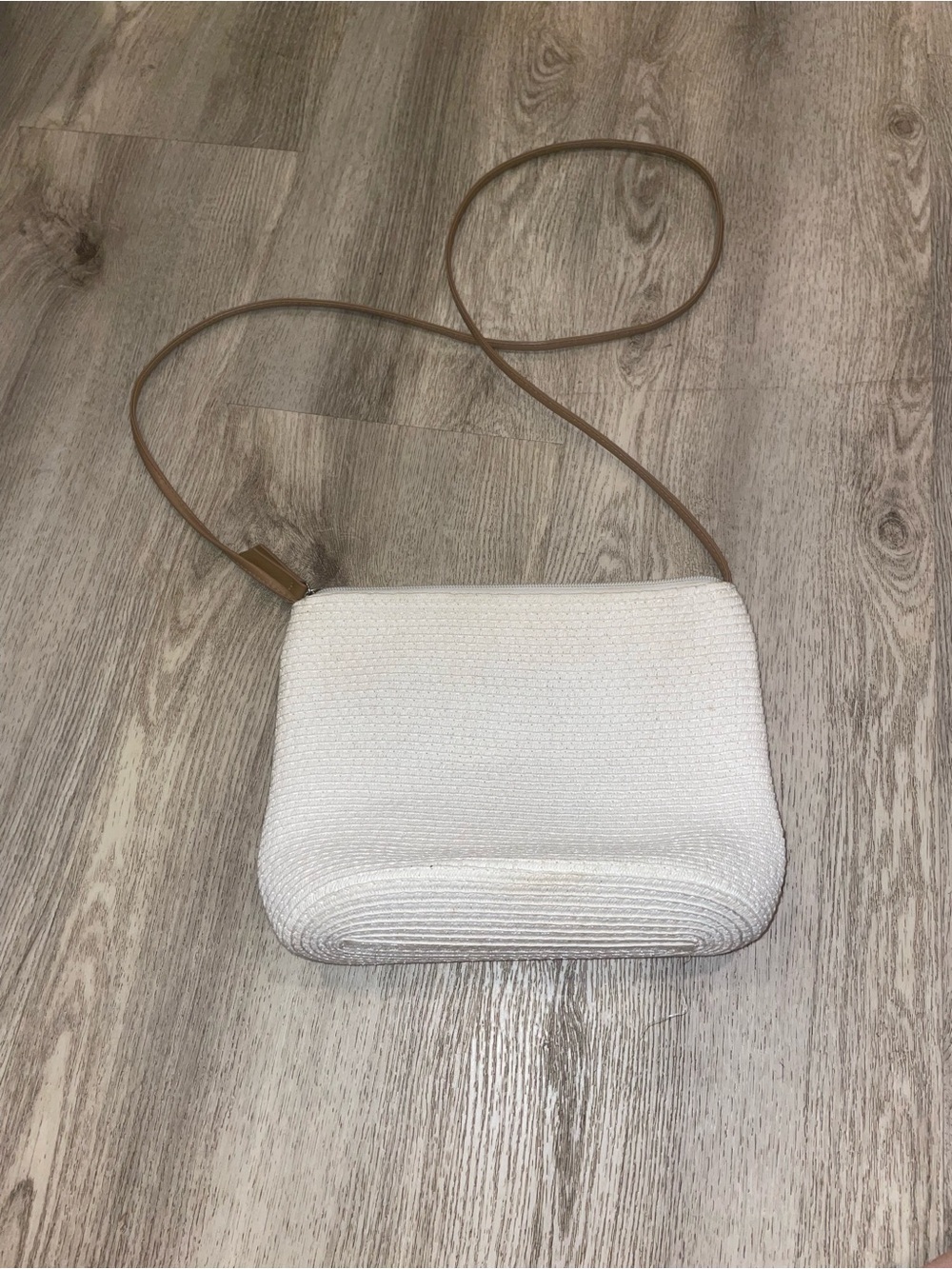 White/Cream Woven Crossbody Bag with Tan Strap